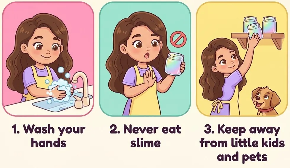 Safety rules: 1. Wash your hands. 2. Never eat slime. 3. Keep away from little kids and pets.
